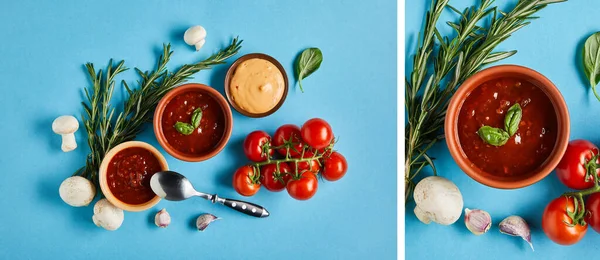 Collage köstlicher Saucen in Schüsseln in der Nähe von frischem reifem Gemüse auf blauem Hintergrund — Stockfoto