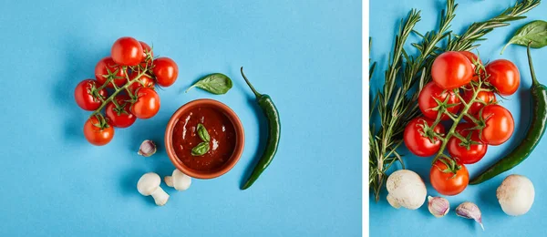 Collage di deliziosa salsa in ciotola vicino verdure mature fresche su sfondo blu — Foto stock