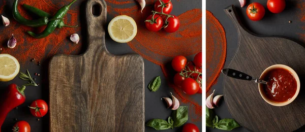 Colagem de pasta de tomate em tigela na tábua de corte perto de legumes e ervas em preto — Fotografia de Stock