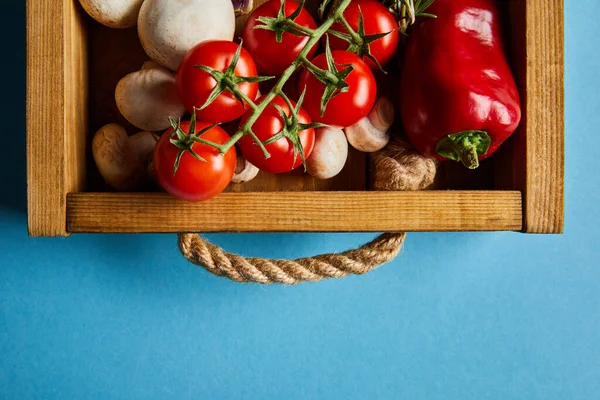 Vista dall'alto di funghi vicino a pomodori ciliegini rossi e peperoncino in scatola di legno su blu — Foto stock