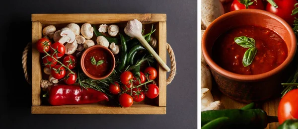 Collage of tomato sauce in bowls near mushrooms, red cherry tomatoes, rosemary and chili peppers in wooden box on black — Stock Photo