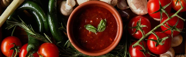 Panoramic shot of tomato sauce with basil leaves near cherry tomatoes, green chili peppers, mushrooms and rosemary — Stock Photo