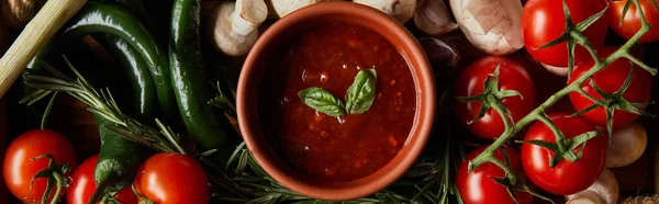 Panorama-Schuss Tomatensauce mit Basilikumblättern in der Nähe von Kirschtomaten, grünen Chilischoten, Pilzen und Rosmarin — Stockfoto