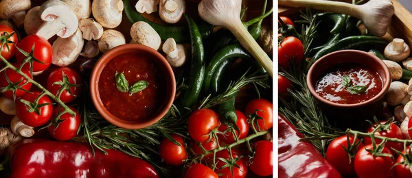 Collage de salsa de tomate en cuencos cerca de setas, tomates cherry rojos, romero y chiles en caja de madera sobre negro - foto de stock