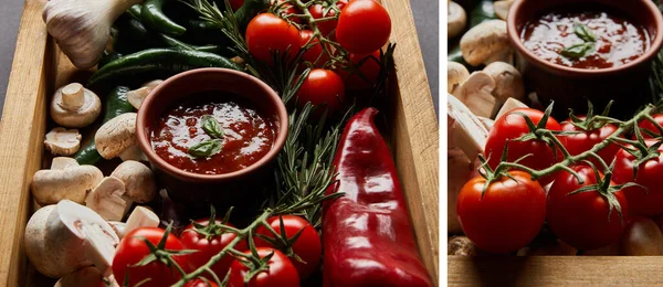 Collage de hojas de albahaca en salsa de tomate cerca de setas, tomates cherry rojos, romero y chiles en caja de madera sobre negro - foto de stock