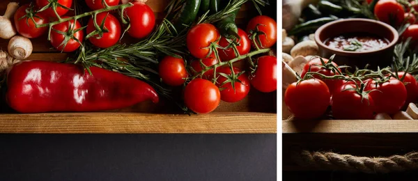Collage de boîtes aux champignons, tomates cerises, sauce tomate dans un bol et près de romarin dans une boîte en bois sur noir — Photo de stock