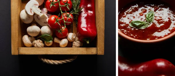 Collage of box with mushrooms, cherry tomatoes, cauliflower and rosemary near tomato sauce in bowl on black — Stock Photo