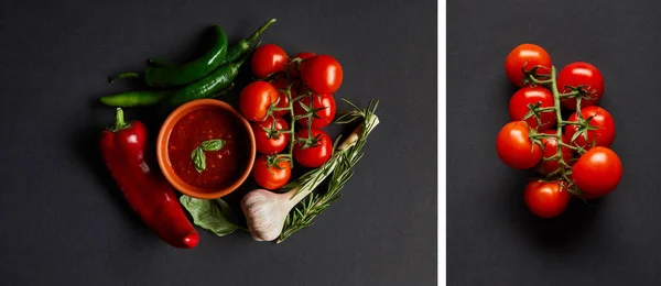 Collage de salsa de tomate en tazón cerca de tomates rojos cherry, romero, ajo y chiles sobre negro - foto de stock