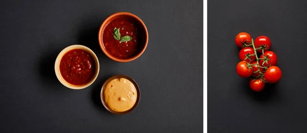 Collage di ciotole con sughi di pomodoro e senape vicino a pomodorini su nero — Foto stock