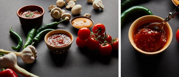 Collage di ciotole con sughi di pomodoro e senape vicino a verdure mature e fresche su nero — Foto stock