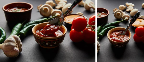 Collage de cucharas en cuencos con salsas de tomate y mostaza cerca de verduras maduras y frescas sobre negro - foto de stock