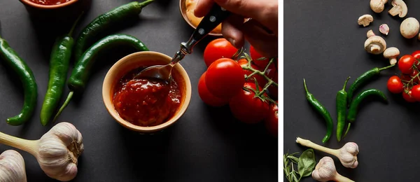 Collage di una persona che tiene il cucchiaio vicino a salsa di pomodoro saporita e verdure su nero — Foto stock