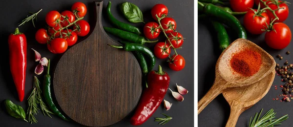 Collage of wooden cutting board near ripe cherry tomatoes, garlic cloves, rosemary, green chili peppers and spoons with paprika powder on black — Stock Photo