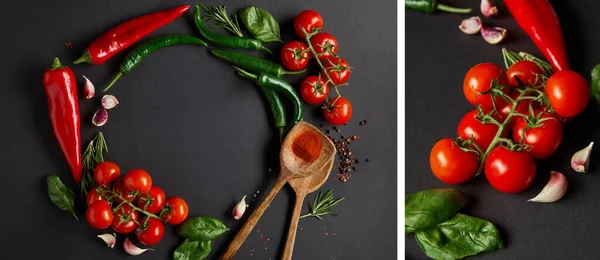 Collage of ripe cherry tomatoes, garlic cloves, rosemary, peppercorns, basil leaves and green chili peppers on black — Stock Photo