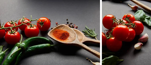 Collage of red cherry tomatoes, rosemary, peppercorns, basil leaves, wooden spoons with paprika powder and green chili peppers on black — Stock Photo