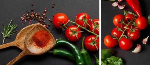 Collage of organic cherry tomatoes, rosemary, peppercorns, basil leaves, wooden spoons with paprika powder and green chili peppers on black — Stock Photo