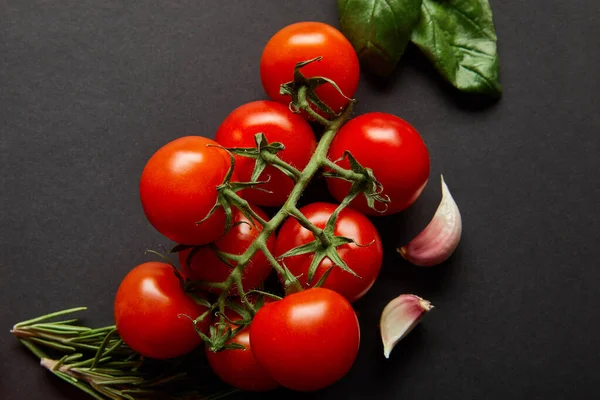 Vista superior de tomates cherry orgánicos, hojas de albahaca, romero y dientes de ajo en negro - foto de stock