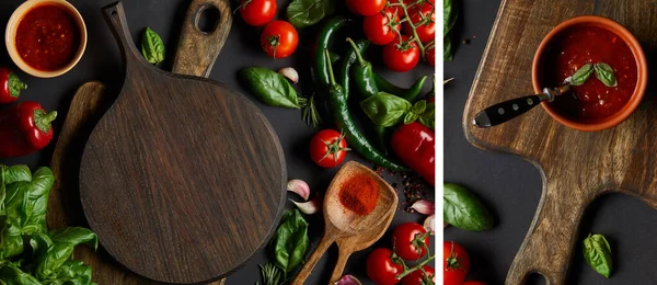 Collage di pomodorini rossi ciliegini, salsa di pomodoro in ciotole, grani di pepe, erbe aromatiche e peperoncini verdi vicino ai taglieri su nero — Foto stock