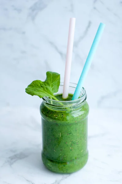 Green Healthy Cocktail Banana Spinach Chia Seeds — Stock Photo, Image