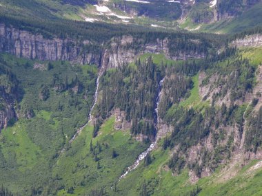 Güneş Road, yatay görünüm gidiş kar Glacier Ulusal Park dahil dağlarla çevrili ve özellikleri şelaleler, yaban hayatı, Logan Pass, saklı göl, Highline izi, çevresinde alanları: Piegan, Pollock, Oberlin, Clements, Reynolds
