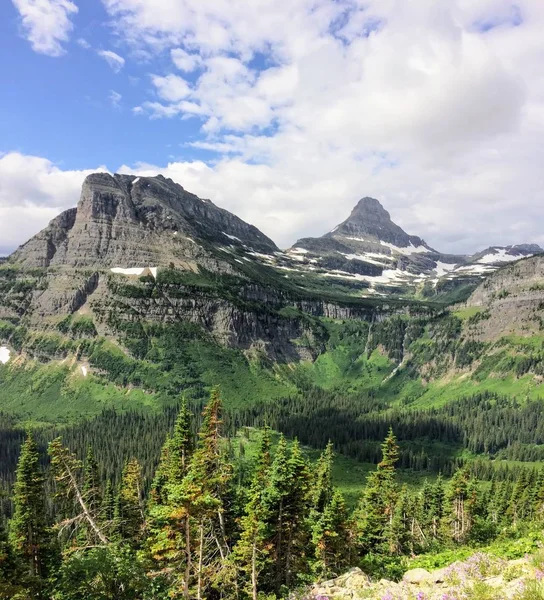 Güneş Road, yatay görünüm gidiş kar Glacier Ulusal Park dahil dağlarla çevrili ve özellikleri şelaleler, yaban hayatı, Logan Pass, saklı göl, Highline izi, çevresinde alanları: Piegan, Pollock, Oberlin, Clements, Reynolds