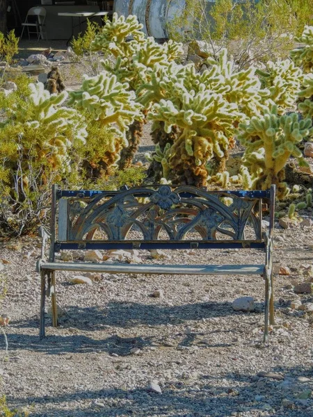 Old metal bench rusting on the ground among jumping cactus in the Arizona desert in deserted ghost mining town.