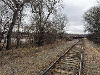 Köprü, ağaçlar ve şehir çevresindeki alan ve arka plan tren rayları, yaban hayatı, kalıntıları, park yolları manzaralı büyük Sioux nehrin Sioux Falls Güney Dakota'önde gelen tren izleyin
