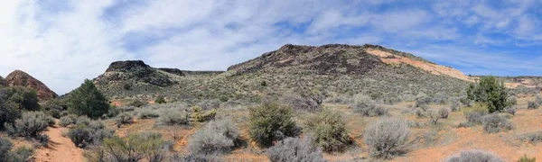 Vue Sur Les Montagnes Grès Lave Les Plantes Désert Autour — Photo