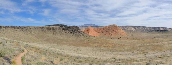 溶岩岩山地と南西ユタ州セントジョージ モハーベ砂漠の北東の端の北にあるトレイルをハイキング黄色ノールズの赤崖国立保護区周辺の砂漠の植物の景色 — ストック写真