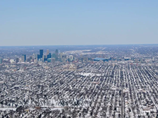 Aerial view of Minneapolis which is a major city in Minnesota in the United States, that forms \