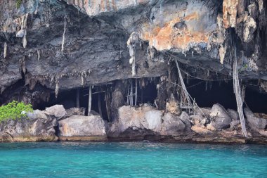 Phuket Tayland yakınlarındaki ada, mavi, turkuaz ve yeşil okyanuslar, dağlar, kayıklar, mağaralar, ağaçlar Tayland 'da tatil köyü. Phi Phi, Ko Rang Yai, Ko Li Pe ve diğer adalar da dahil. Asya.