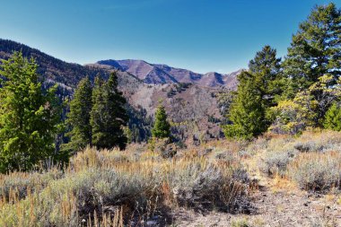 Kennecott Rio Tinto Copper madeni, Tooele ve Salt Lake City 'nin yanındaki Wasatch Front Rocky Dağları boyunca uzanan Oquirrh dağlarının Butterfield Kanyonu yürüyüş yolu manzarası. Utah, Birleşik Devletler.