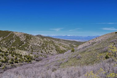 Baharın başlarında Oquirrh Dağları 'ndan Wasatch Front Rocky Dağları, Sarı Çatal Yolu' nda Yürüyüş ve Büyük Tuz Gölü Vadisi 'nde Gül Kanyonu manzarası. Utah, Birleşik Devletler. ABD.