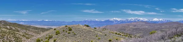 Uitzicht Wasatch Front Rocky Mountains Vanaf Oquirrh Mountains Het Vroege — Stockfoto