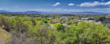 Provo Manzarası ve Utah Gölü, Bonneville kıyı şeridi (BST) ve eski Bonneville Gölü 'nün doğu kıyısı olan Wasatch Front Rocky Dağları boyunca uzanan Büyük Tuz Gölü' nü takip eden Y patikasından görülmektedir. ABD