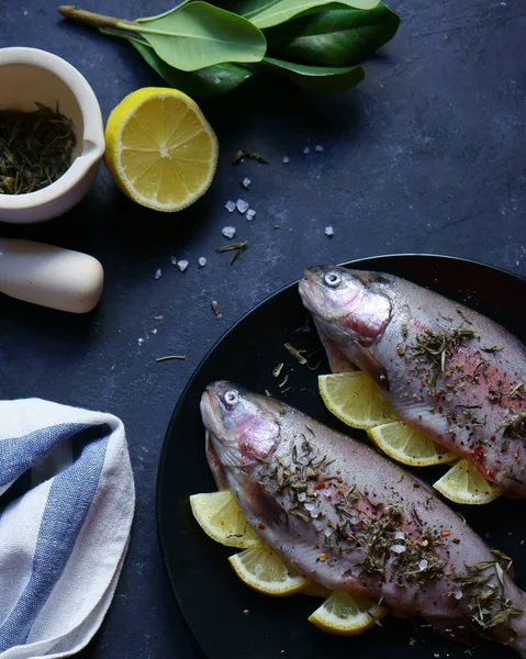 Två öringar fisk med örter och citroner — Stockfoto