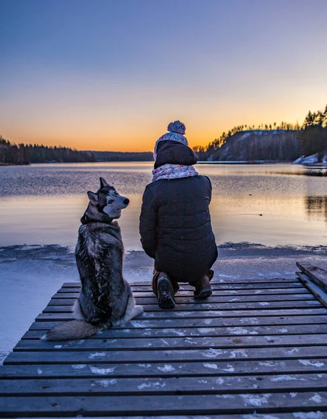 Menina Bonita Com Cão Cinza Branco Husky Pôr Sol Lago — Fotografia de Stock