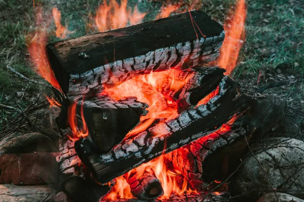 Bright Smoldering Firewood Burned Fire Close Atmospheric Warm Background Orange — Stock Photo, Image
