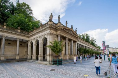Karlovy Vary, Czech Republic - August 30, 2019: Mill Colonnade and Promenade in spa town Karlovy Vary (Karlsbad)