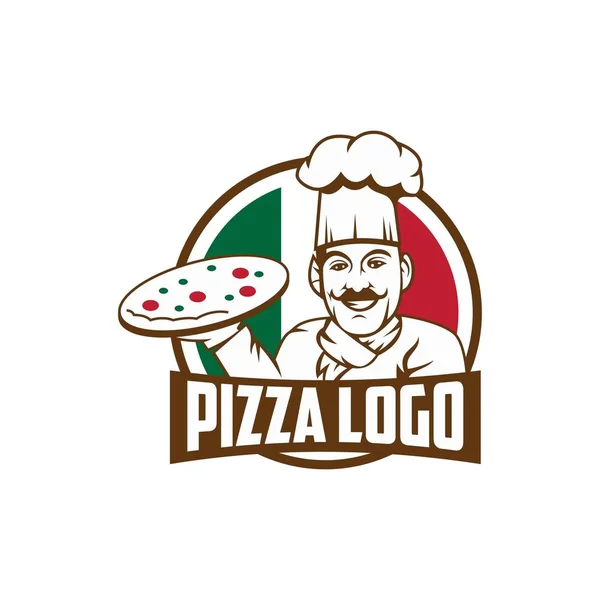 Emblem of funny cook or baker with pizza and logo — Stock Vector
