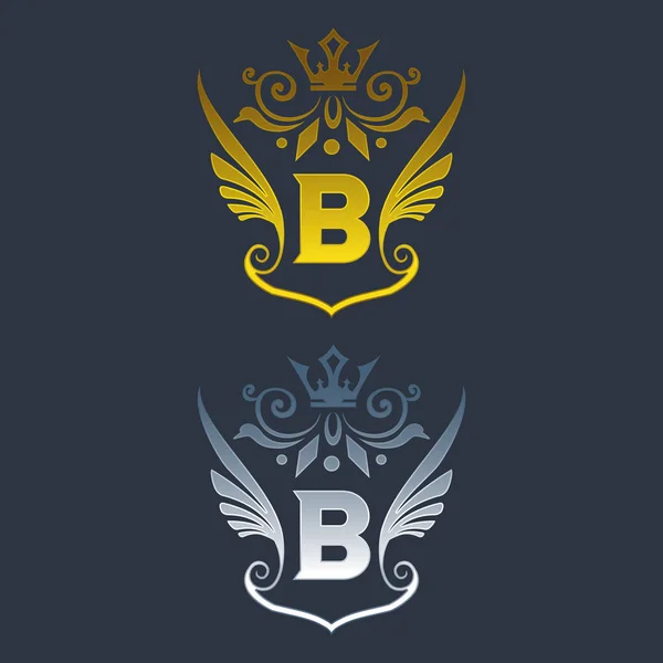 B Buchstabe Logo. Silber und Gold Flügel Symbol. — Stockvektor