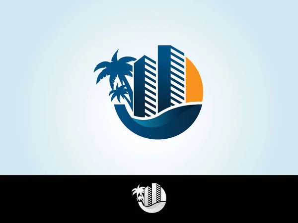 Vektör logo simge tasarım şablonu. Tropikal Island palms hotel ve günbatımı sahil üzerinde. Seyahat Acentası tropikal resort beach hotel spa için kavram. Yaz tatil izole elle çizilmiş illüstrasyon. — Stok Vektör