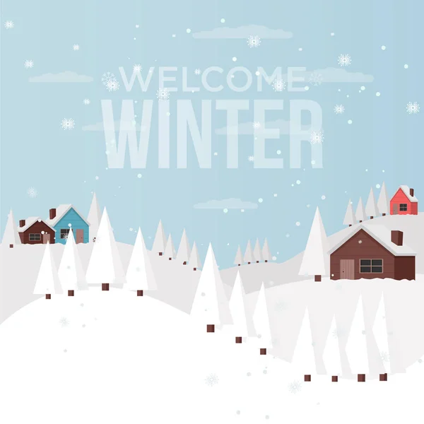 Winterliche Schneelandschaft Mit Häusern Und Bäumen Flache Vektordarstellung Detaillierte Hausgestaltung — Stockvektor