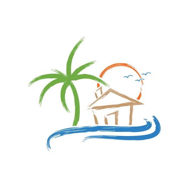 Yaz plaj illüstrasyon soyut güneş ve palmiye ağacı sahil. Vektör logo tasarım şablonu. Seyahat Acentası tropikal resort beach hotel spa için kavramı.