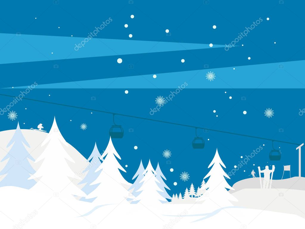 Winter landscape with trees snow. Snow In Forest. Vector Illustration. Season Nature. Winter Holiday. ski peoples. ski lift