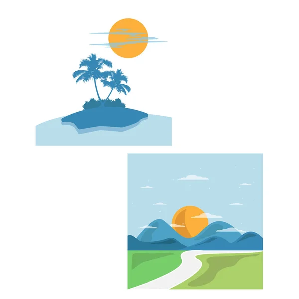 Természet Beach Hegyi Táj Logo Sablonok Zöld Ökológiai Környezet Vagy — Stock Vector