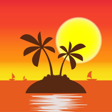Yaz plaj illüstrasyon soyut güneş ve iki deniz ağacı palmiye. Vektör logo tasarım şablonu. Seyahat Acentası tropikal resort beach hotel spa için kavramı.