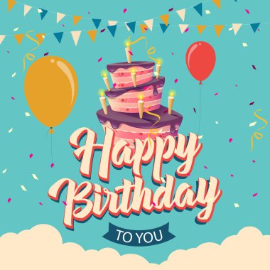 İyi ki doğdun tebrik vektör hava balonları ve doğum günü pastası. Güzel vektör çizim dekoratif tarzı.