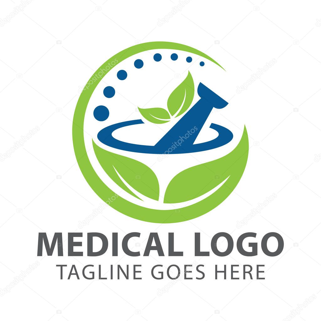 Pharmacy medical logo, natural mortar and pestle logotype, medicine herbal illustration symbol icon vector design.