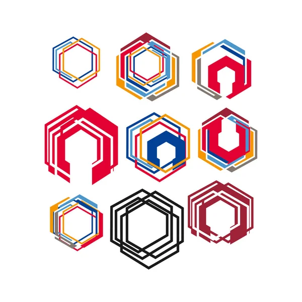 Conjunto de diseño de logotipo hexagonal geométrico de estilo moderno icono vector — Vector de stock